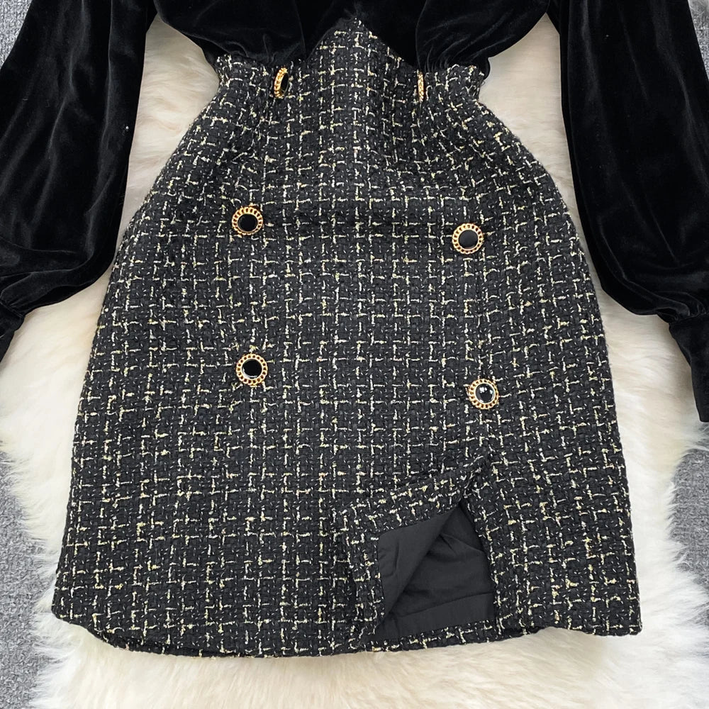 2024 Autumn Winter Vintage Dress Stand Up Collar Gold Velvet Long Sleeved Dress Patchwork Coarse Tweed A-line Dress
