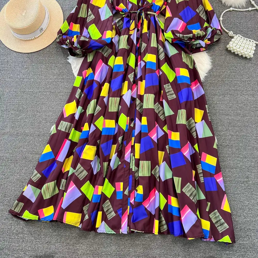 Elegant Women Casual Floral Print Party Dress Vintage Lantern Sleeve A-Line Pleated Prom Birthday Clothes Female Fashion Robe