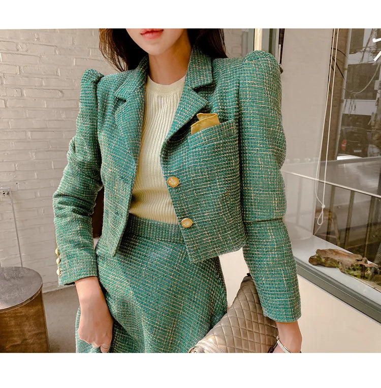 Elegant Temperament Two-Piece Set Tweed for Women Short Blazer Jacket +High Waist Swing Skirt Suits Green Korean Outfits