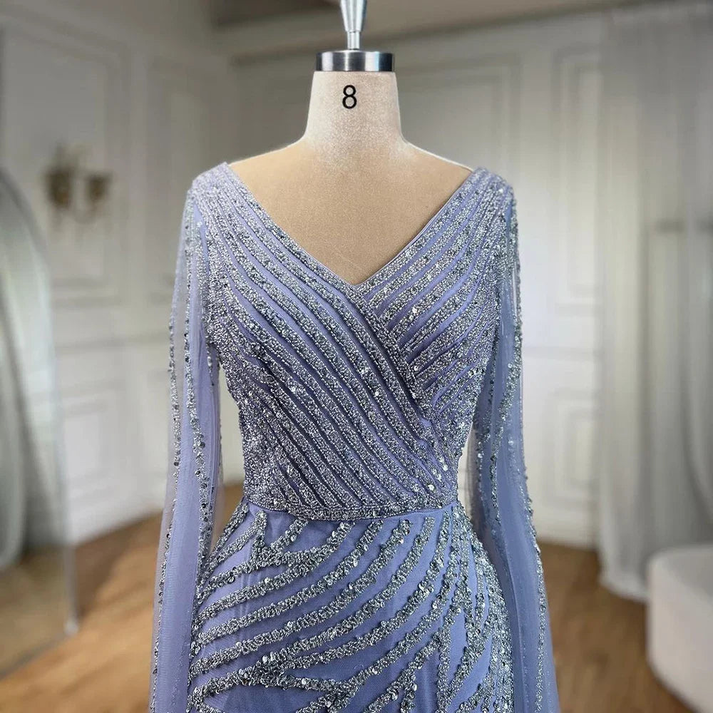 SERENE HILL 2024 Arabic Dubai Caramel Mermaid Luxury Beaded Evening Dresses Cape Sleeves Gowns For Women Wedding Party GLA71493A