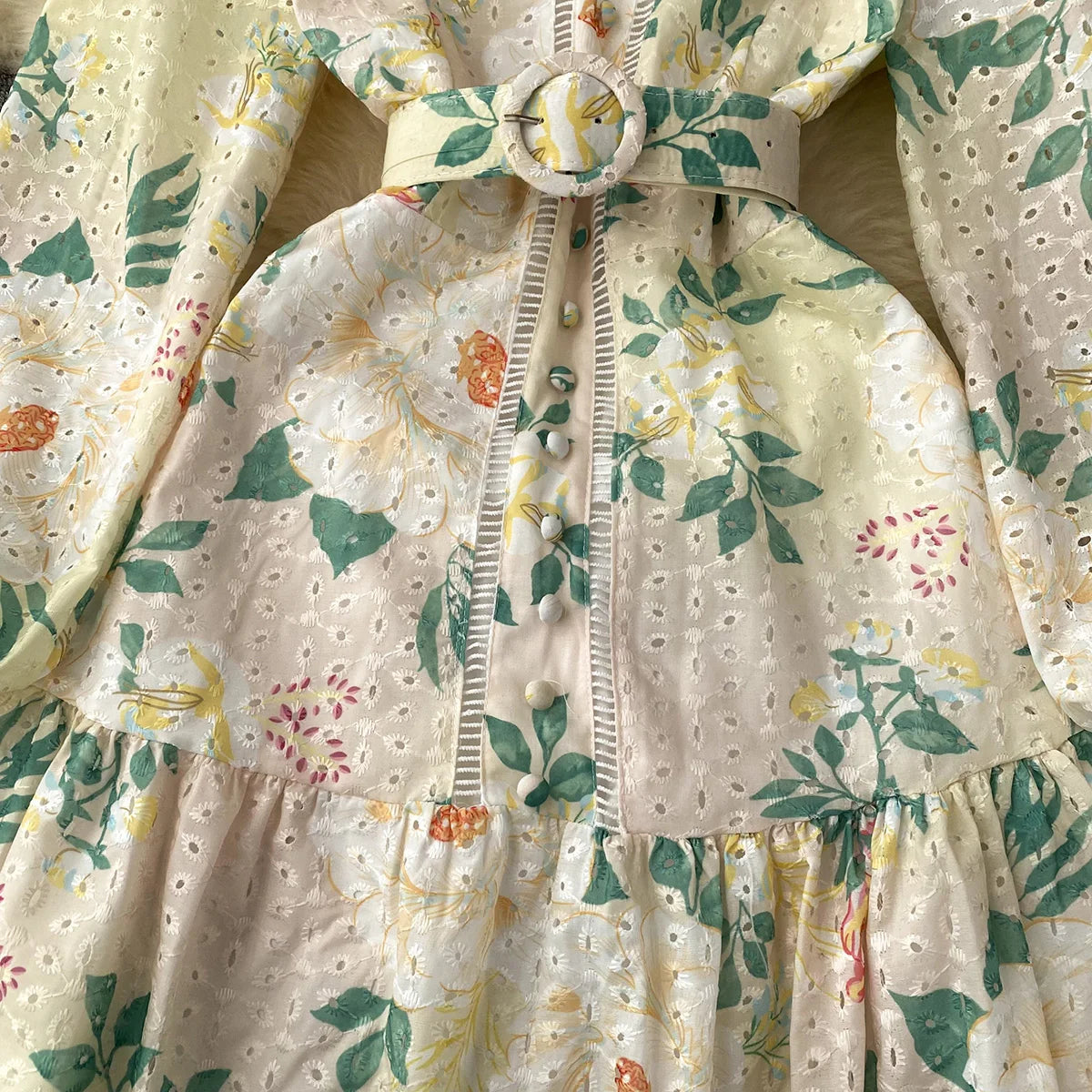 Elegant Party Dresses Woman Lace Trim Cutwork Embroidery Vintage Floral Print Dress 2023 New In Long Sleeve Mini Dress With Belt