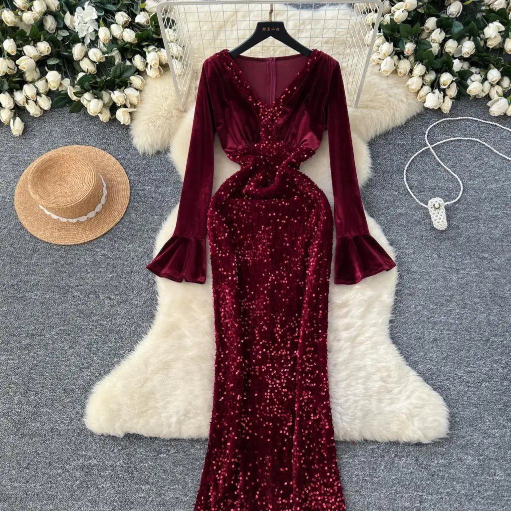 Women's Sexy Velvet Evening Gown Luxury Dresses V-Neck Flare Sleeve Split Long Dress Fashion Slim Robe Birthday Party Autumn New