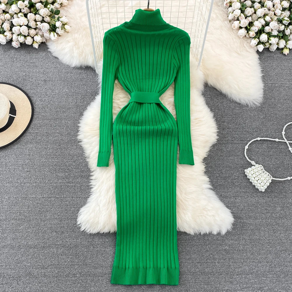 Chic Elegant Turtleneck Long Sleeve Bodycon Dress with Belt Sexy Fashion Knit Vestido Slim Autumn Winter Pencil Sweater Robe