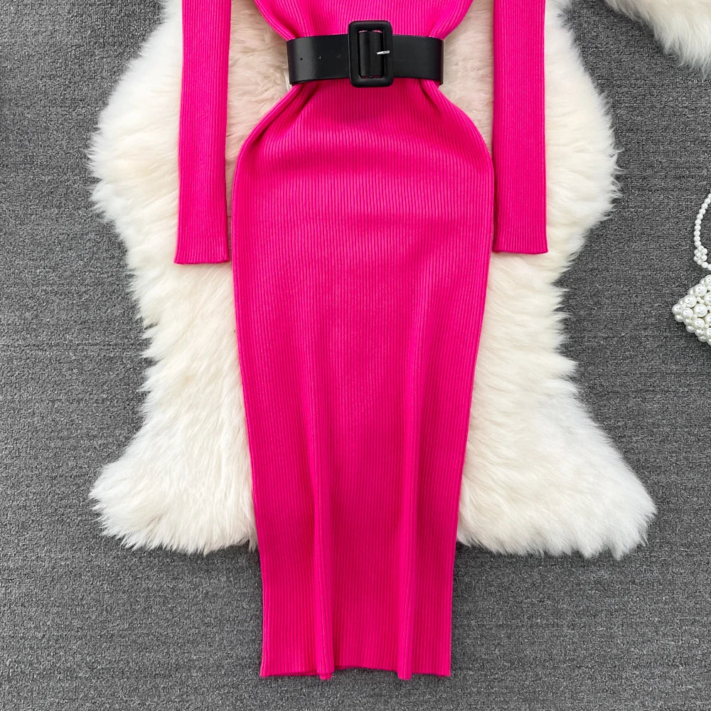 Elegant Turtleneck Long Sleeve Knit Soft Tight Pencil Dress with Belt Slim Fashion Warm Sweater Vestido Sexy Women Winter Robe