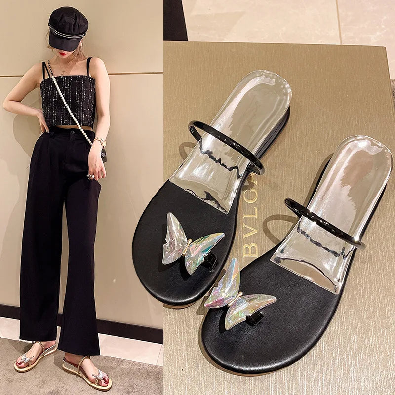 Butterfly Clip Toe Sandals for Women Outwear 2023 Summer New Fairy Style Simple Low Heel Fashion Korean Style Sandals