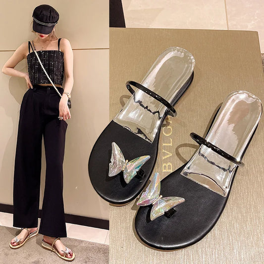 Butterfly Clip Toe Sandals for Women Outwear 2023 Summer New Fairy Style Simple Low Heel Fashion Korean Style Sandals