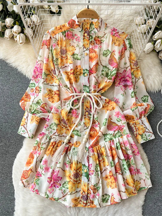 Spring Vacation Dresses For Women Long Sleeve Vintage Floral Print Dress Stand Collar Ruffle Hem Chiffon Mini Dress Tie Belt