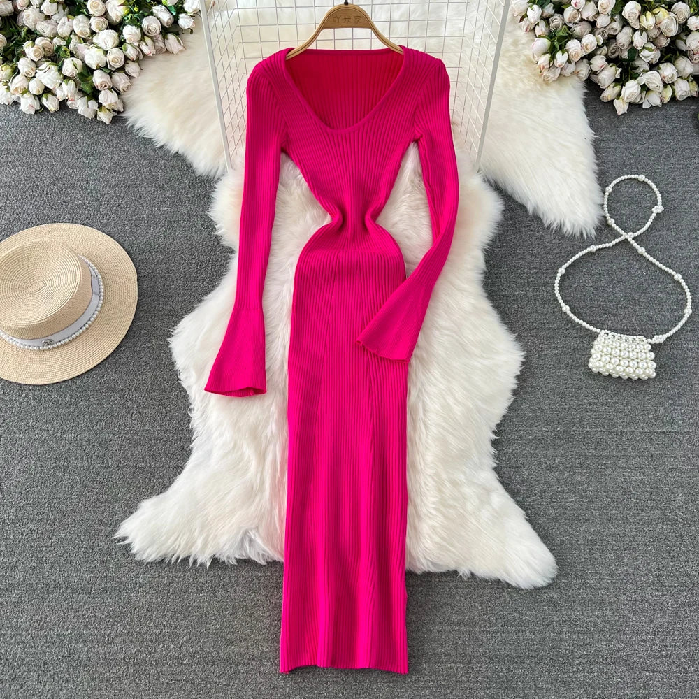 Women Chic Elegant Long Sleeve Bodycon Vneck Dress Sexy French Fashion Knit Wrap Vestidos Elastic Slim Pencil Sweater Dress