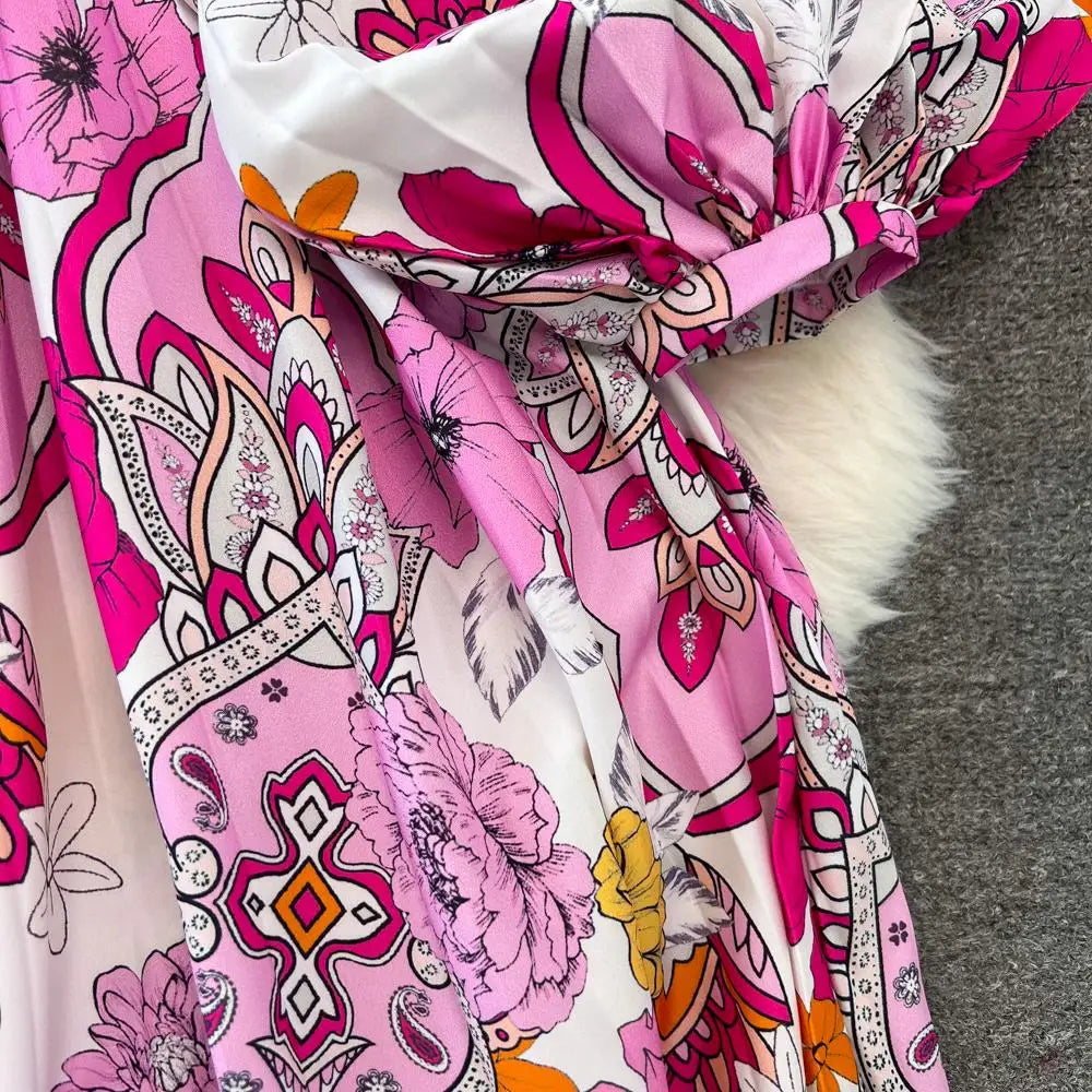 Elegant Women Casual Floral Print Party Dress Vintage Lantern Sleeve A-Line Pleated Prom Birthday Clothes Female Fashion Robe