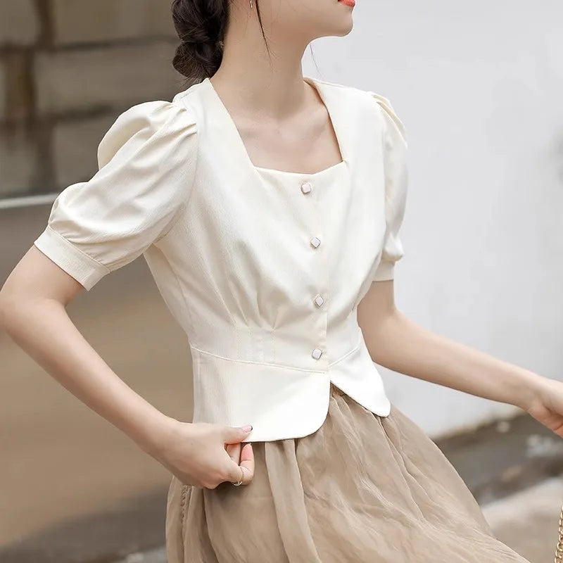 Temperament Short Bubble Sleeve Shirt for Women French Square Neck Elegant Design Office Lady Shirts Summer New Cropped Tops