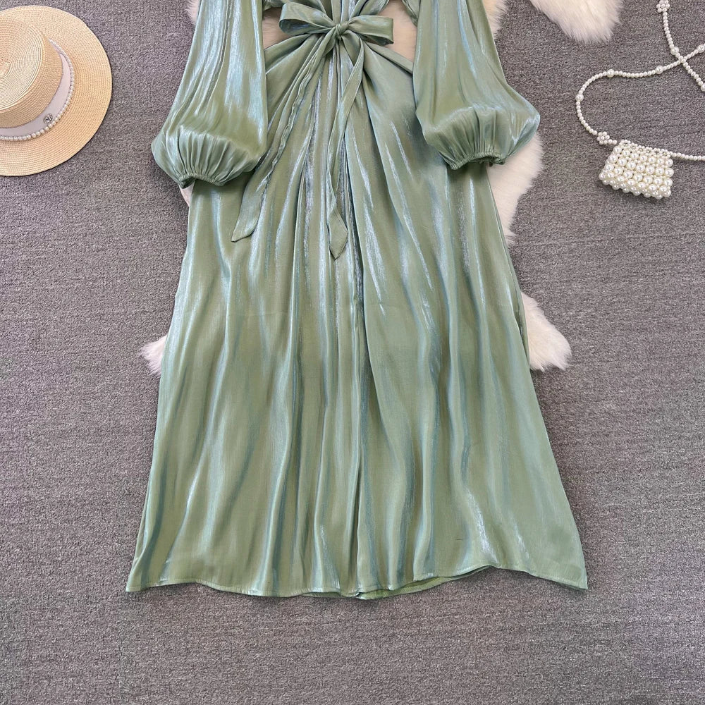 Autumn Elegant Women Fashion Party Long Dress Bow Lace Up Long Sleeve Evening Dresses A-Line Casual Vestidos One Piece Prom Robe
