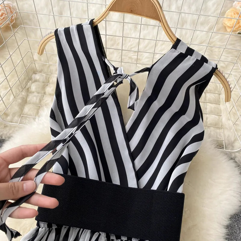 Women Chiffon Striped Jumpsuits Summer Sexy V-neck Sleeveless Elegant Wide-leg Long Pants Playsuits Ladies Dot Romper Overall