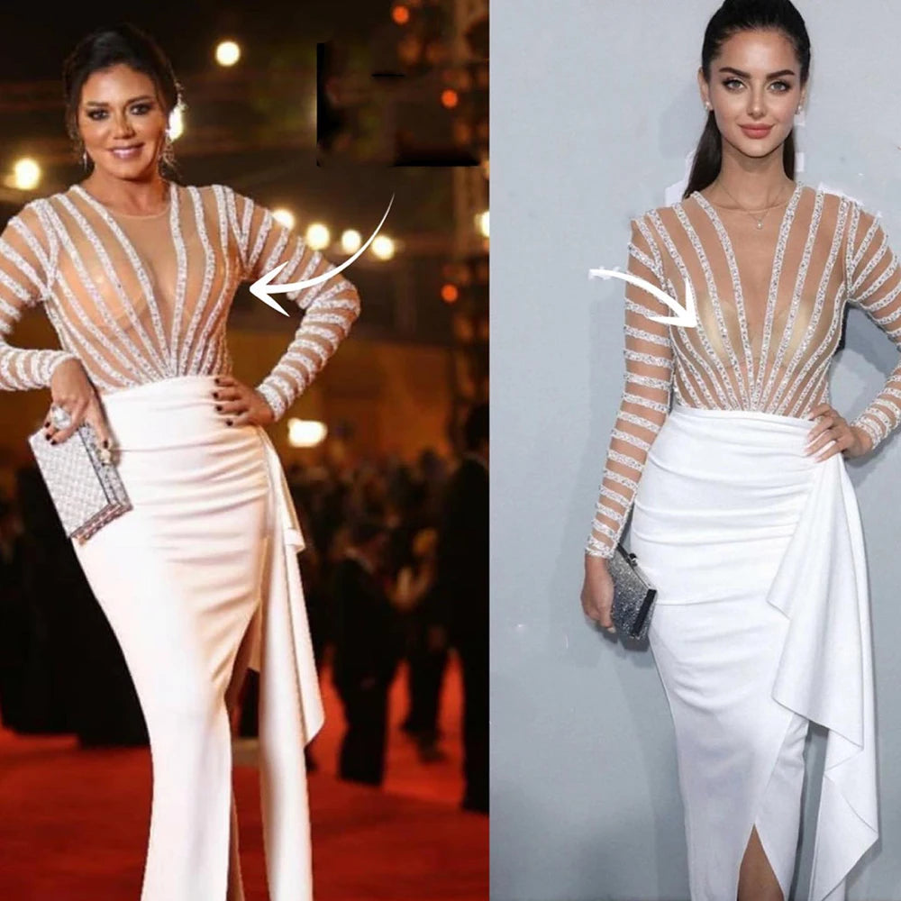 Serene Hill 2024 White Long Sleeves Mermaid Split Evening Dress Beaded Luxury Elegant for Women Party LA71531
