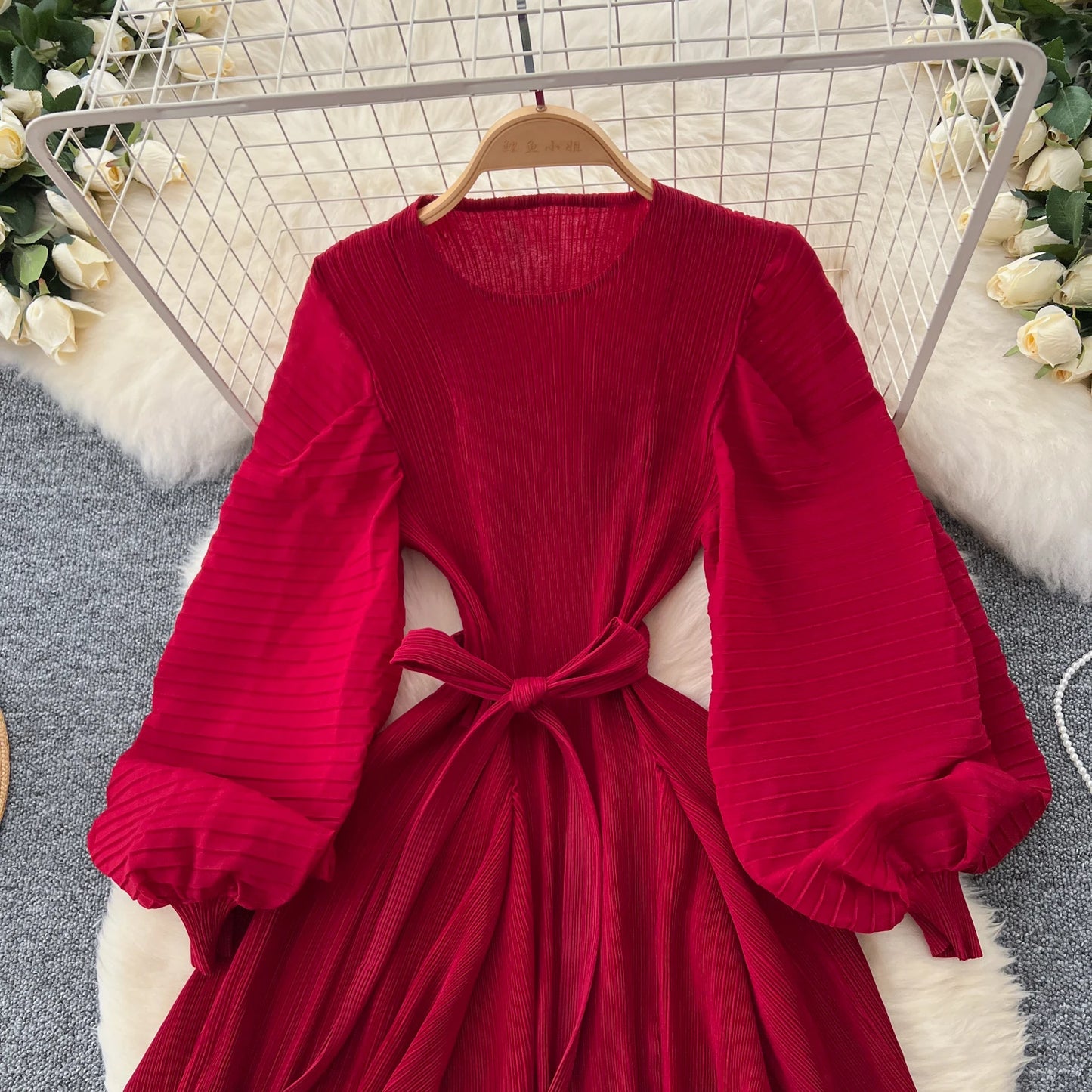 Vintage  Elegant Lantern Sleeve Sweet Pleated Dress Women Basics Fashion Summer Spring Dresse
