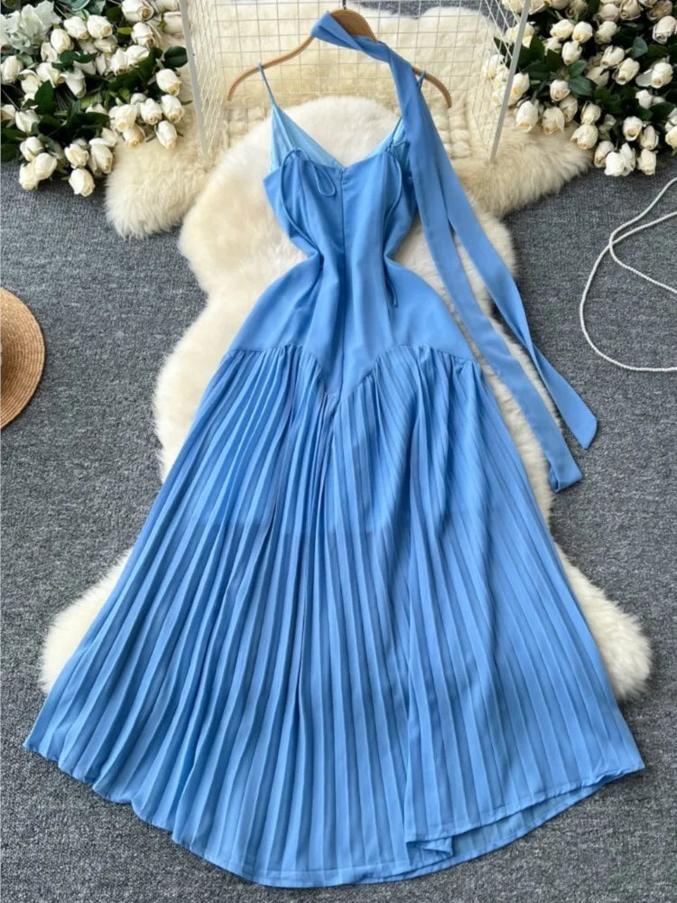 Summer Elegant Casual Women Solid Dress Halter A-Line Beach Holiday Party Long Robe Female Spaghetti Strap Boho Clothes Vestidos