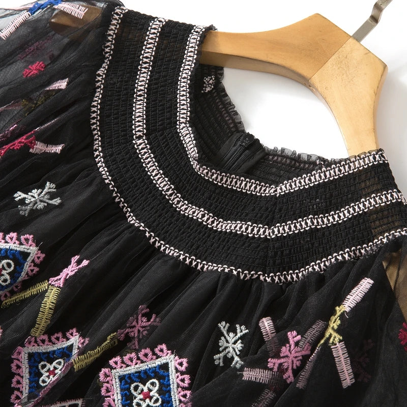 Summer Designer Fashion Runway Maxi Dress Women Short Sleeves Vintage High Quality Mesh Embroidery Long  Party Dress