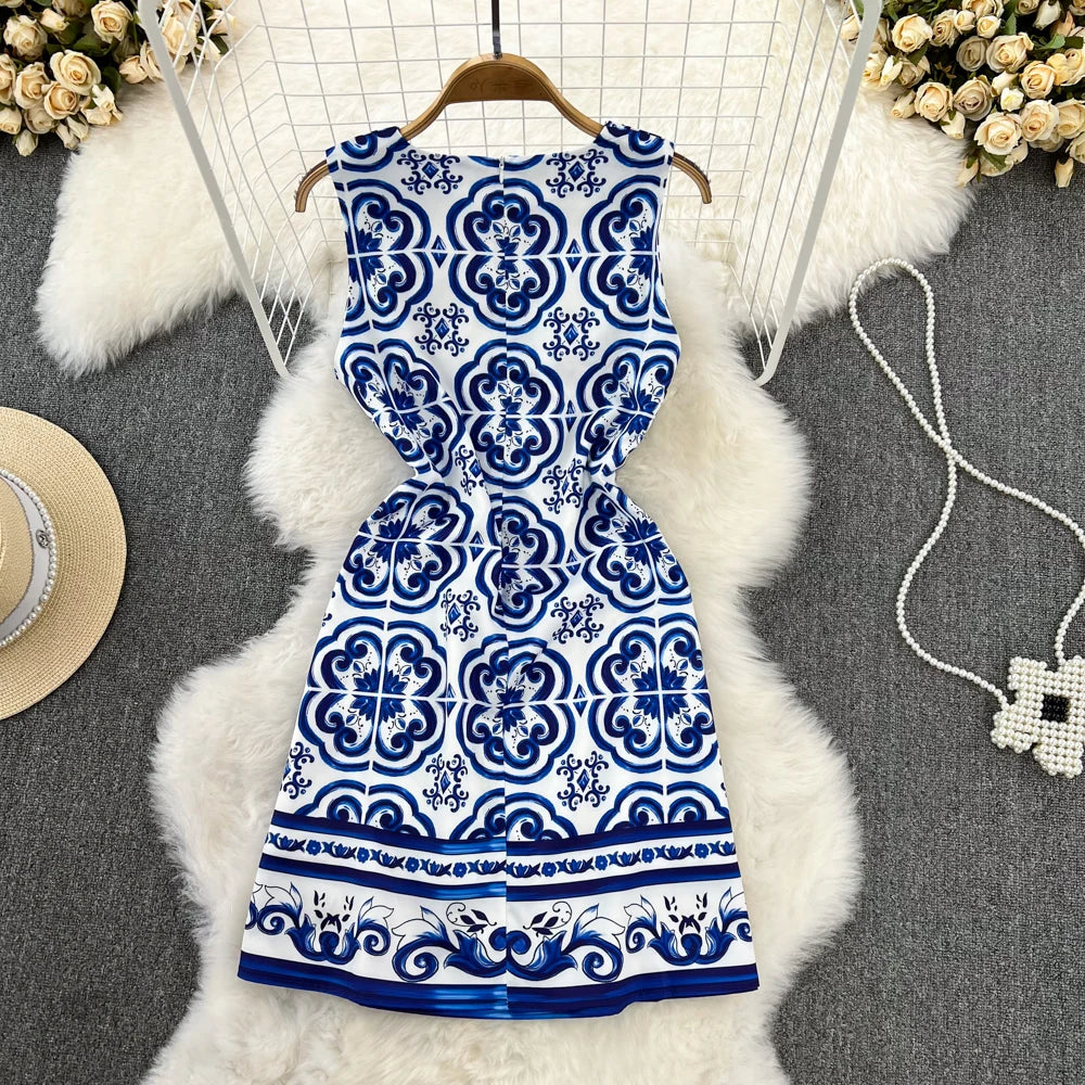 Short Dresses 2023 Fashion Women Clothing Elegant Vintage Print Party Dress Summer Sleeveless Round Neck A Line Mini Dress