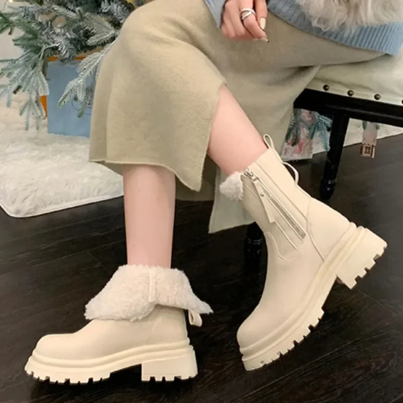 Women Thickened Plush Cotton Boots Womens Snow Shoes Autumn Winter Solid Color Shoes 2024 Side Zipper Low-heel Wool Short Boots