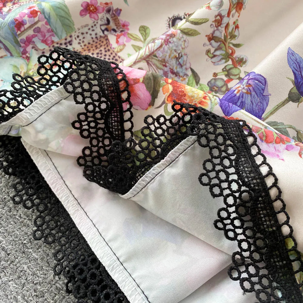 Vintage Elegant Long Dress Women Slim Floral Printed Party Dresses Tie Bow Elastic Waist Lantern Long Sleeve Long Robe Vestidos