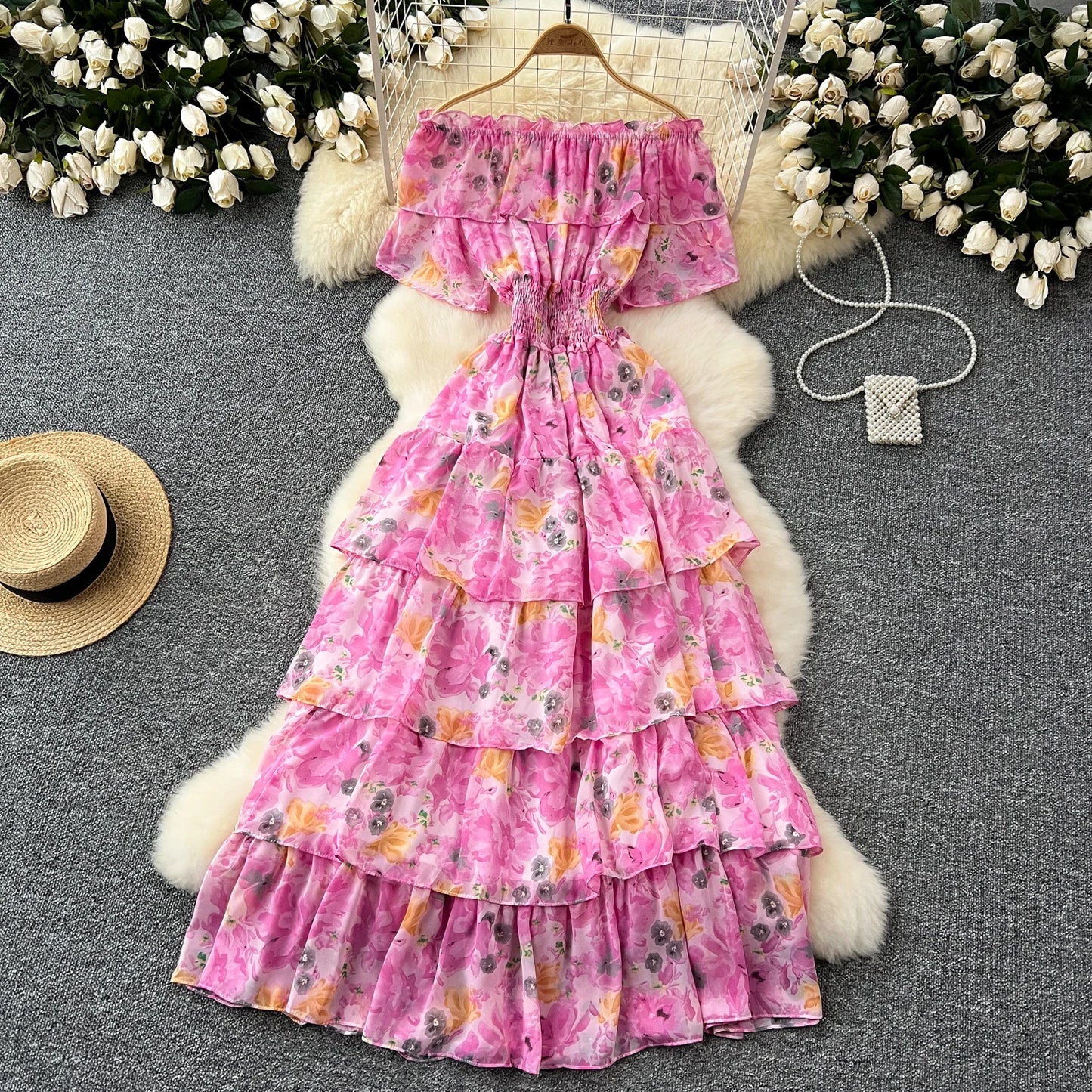 French Vintage  off shoulder short sleeve ruffle Dress Chic Casual Beach Vacation Women Summer chiffon dresses