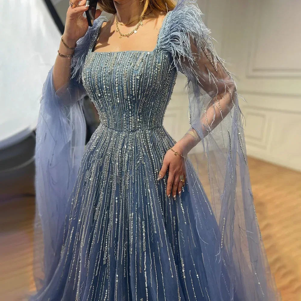 Serene Hill Luxury Dubai A Line Blue Cape Sleeves Feathers Beaded Evening Dresses Gowns 2023 For Women Wedding Party BLA72236