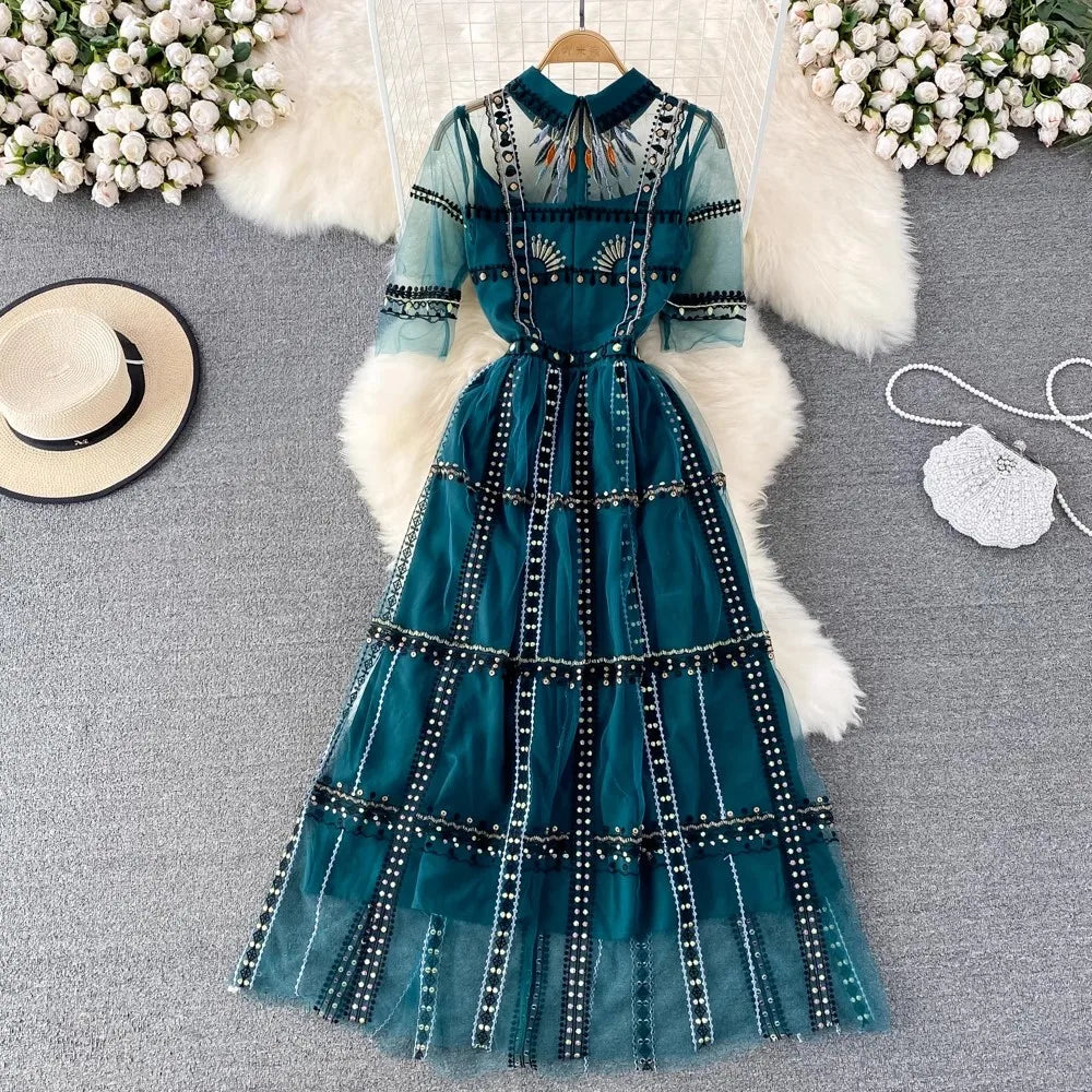 Luxury New Women Summer Embroidery Fashion Turn Down Collar Short Sleeve Party Casual Holiday Evening Runway Designer Dresses
