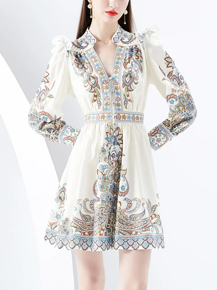 Elegant Dresses For Women 2024 V Neck Vintage Paisley Print Mini Holiday Dress Spring Ruffle Trim Long Sleeve Bohemian Dress