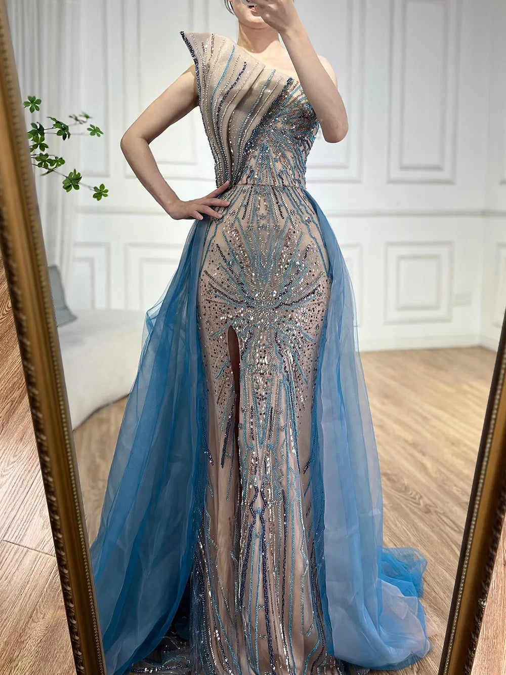 Serene Hill Blue High Split With Overskirt Mermaid Luxury Beaded Dubai Evening Dresses for Women Wedding Party 2024 LA71921A