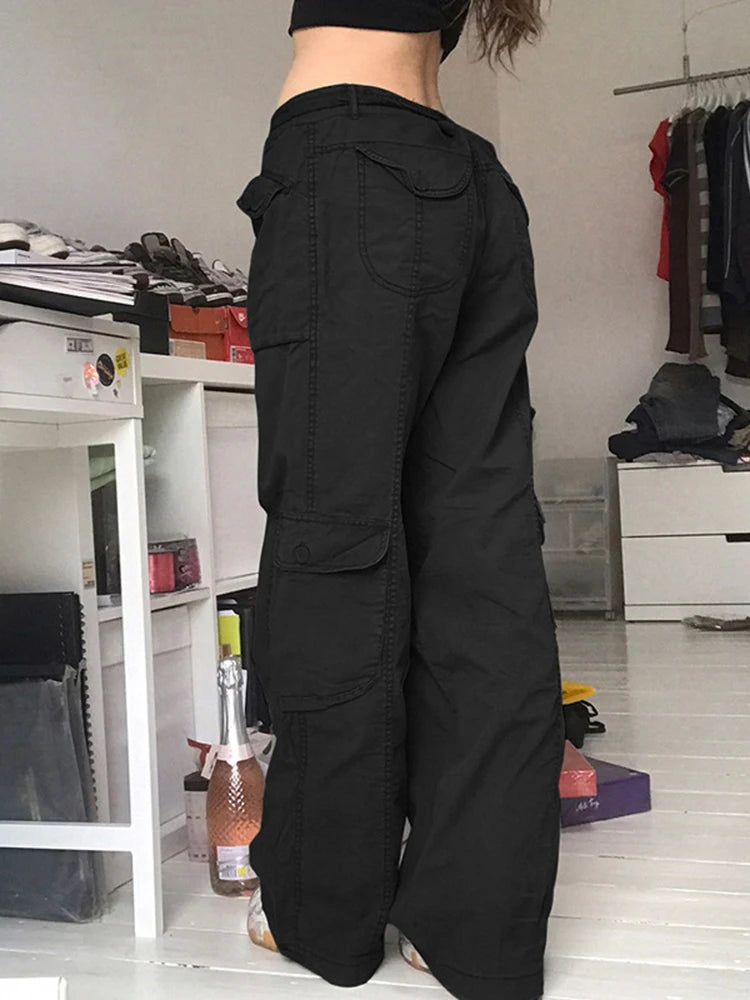 Women's High Waist Cargo Pants with Lace Belt Street Multi Pocket Straight Leg Casual Trousers Spring Autumn New Y2K Vintage