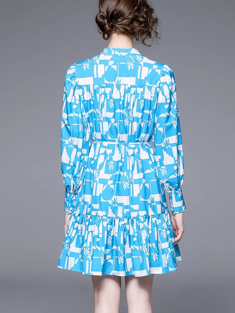 Short Dresses For Women Front Button Up Elegant Geometric Print Dress V Neck Long Sleeve Ruffle Hem Tie Belt Mini Casual Dress