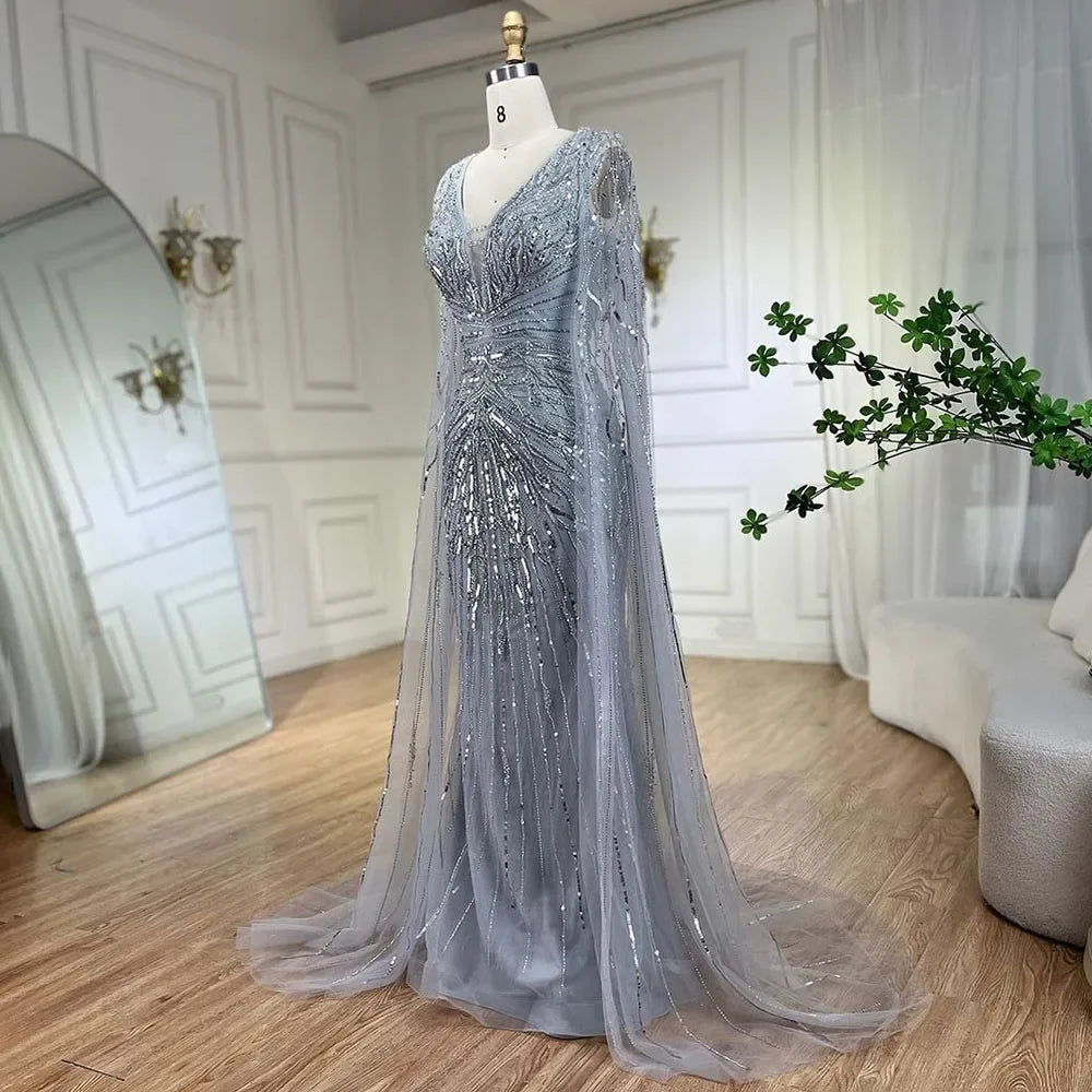 SERENE HILL 2024 Arabic Silver Mermaid Cape Sleeves Luxury Beaded Evening Dresses Formal Long Gowns Women Wedding Party GLA72239