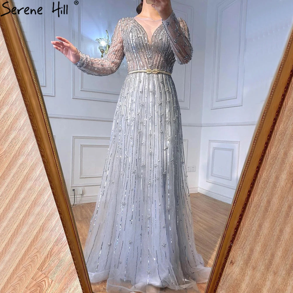 Serene Hill Muslim Gold A-Line Luxury Evening Dresses Gowns 2022 Sparkle Beaded Long Sleeves Sexy For Women Party GLA70674