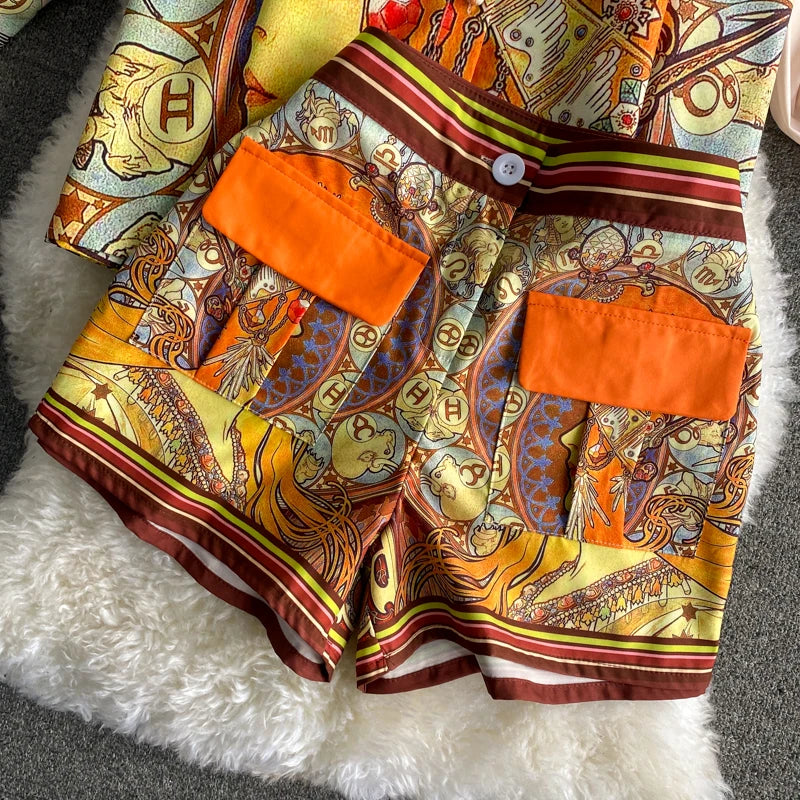 Women Printed Two Piece Set Retro Chic Spring Fragmented Flower Shorts+Long Sleeve Shirt Top Elegant Suits Spring Summer Outfits