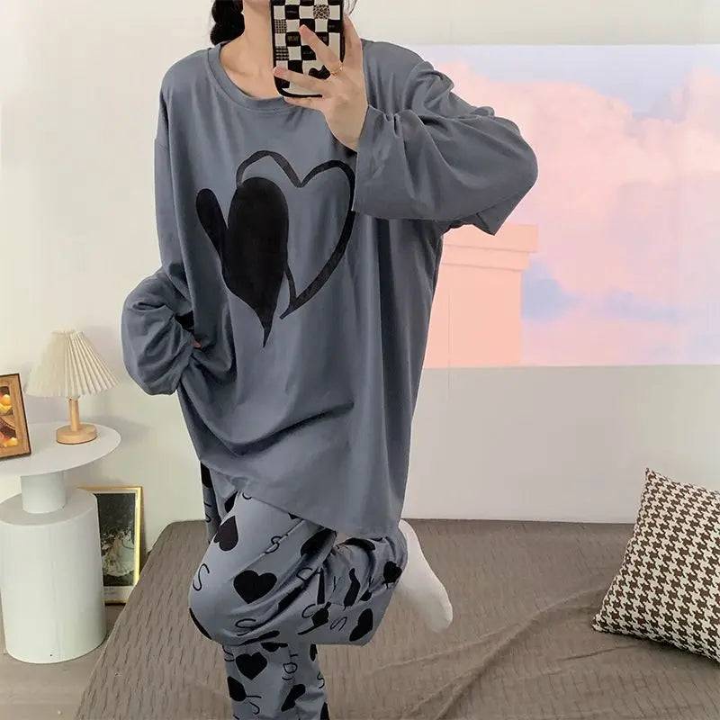 Plus Size 6XL 150kg Women Pajamas Set Long Sleeve Autumn Winter 2PCS Sleepwear Nightwear Female Suit Heart Print Tops and Pants