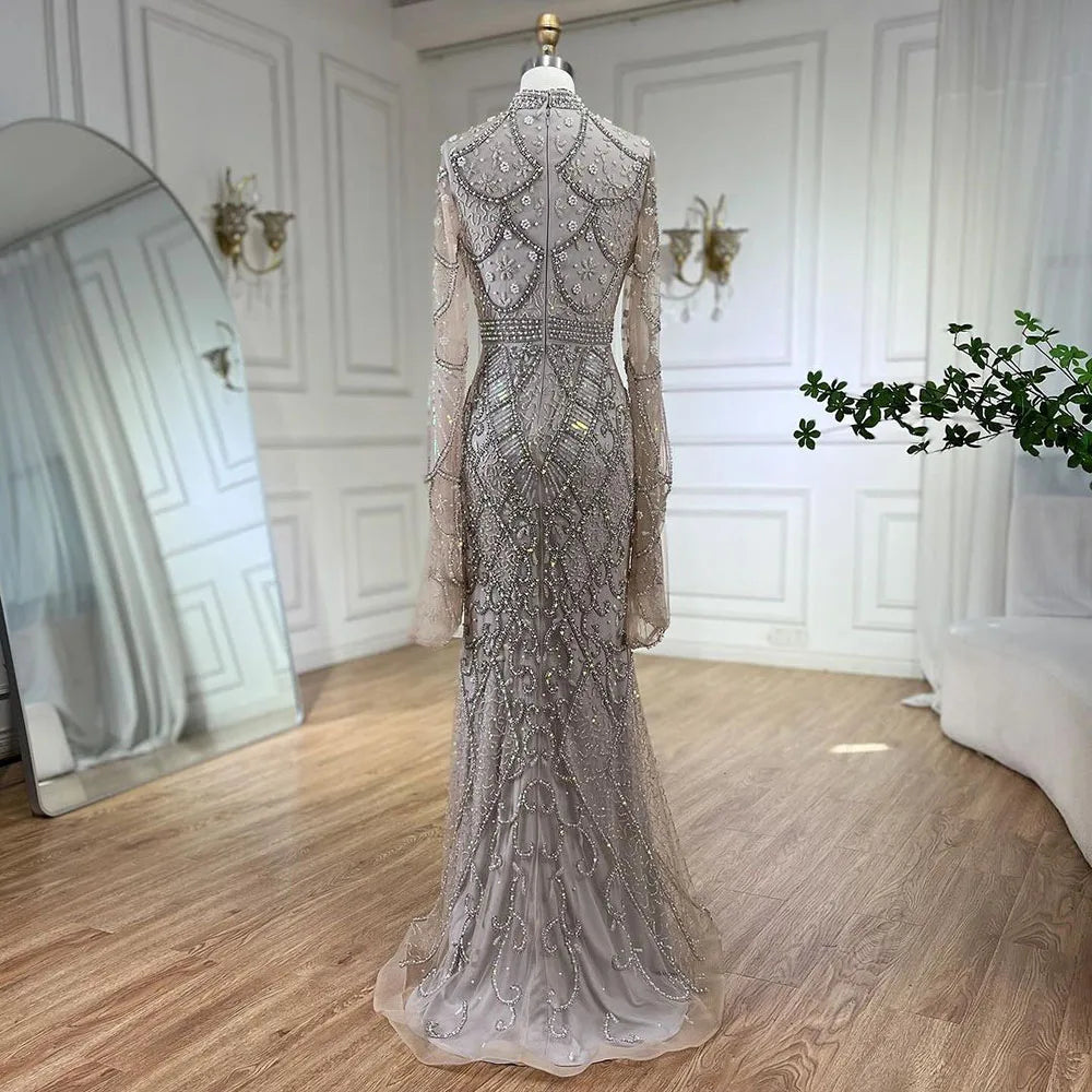 Serene Hill Muslim Grey Mermaid Elegant Nude Cape Sleeve Beaded Luxury Dubai Long Evening Dress 2024 Women's Party LA72316