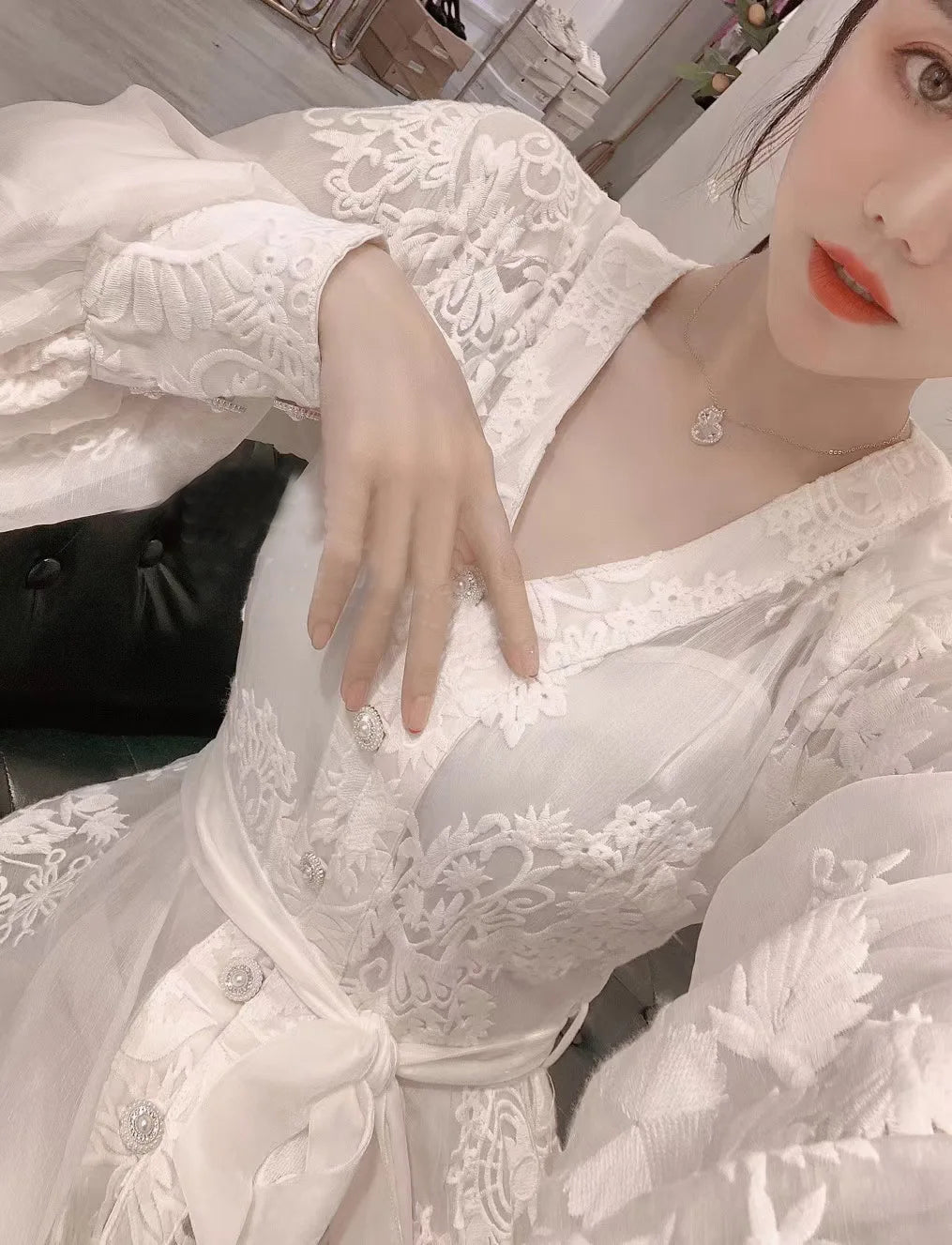 Women Spring and Autumn Heavy Industry Embroidered White V-neck Dress Elegant and Luxury Bubble Sleeve A-line Long Dresses