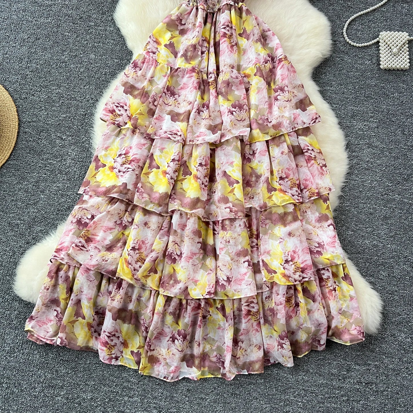 French Vintage  off shoulder short sleeve ruffle Dress Chic Casual Beach Vacation Women Summer chiffon dresses