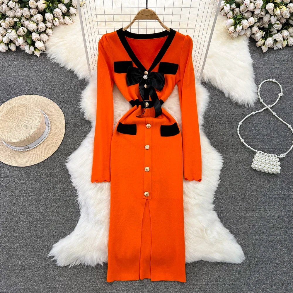Women Elegant Butterfly Long Sleeve Bodycon V Neck Split Dress Vintage French Slim Knit Tight Vestido Autumn Winter Sweater Robe