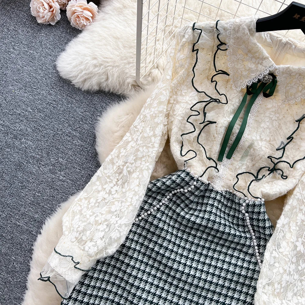 Winter Clothes Women Dresses Long Sleeve Lace Patchwork Textured Tweed Dress Ruffled Trim Lapel Collar Bow Elegant Mini Dress