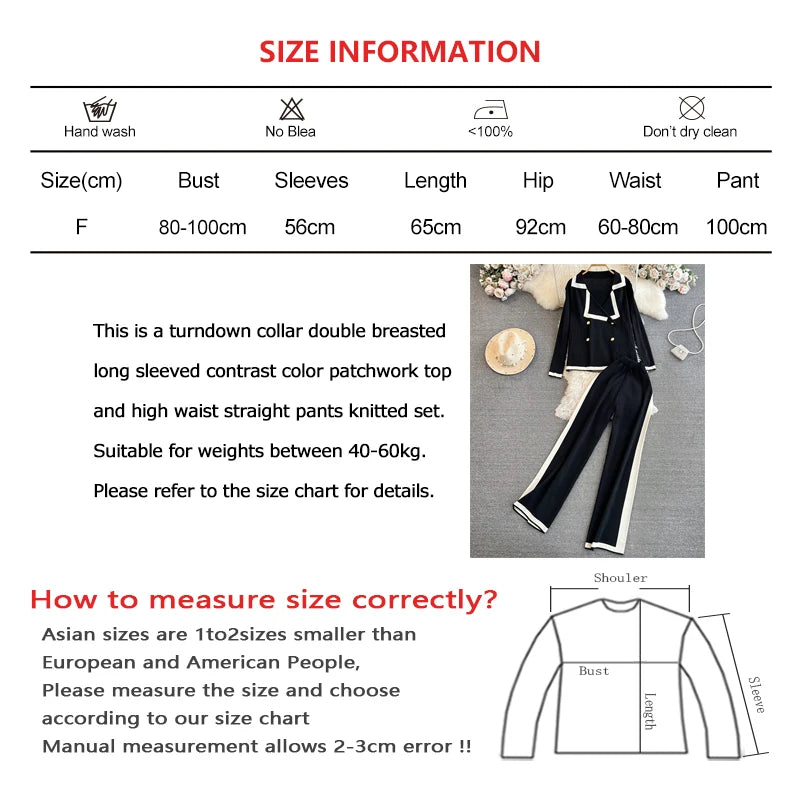 Women Fall Contrast Color Two-piece Set Double-breasted Turndown collar Long Sleeved Top and High Waist Straight Pants Knit Suit