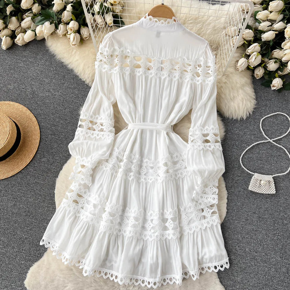 2023 Spring Summer Holiday Dress Women Stand Collar Long Sleeve Button Up Embroidery Trim Luxury Elegant Mini Dress With Belt