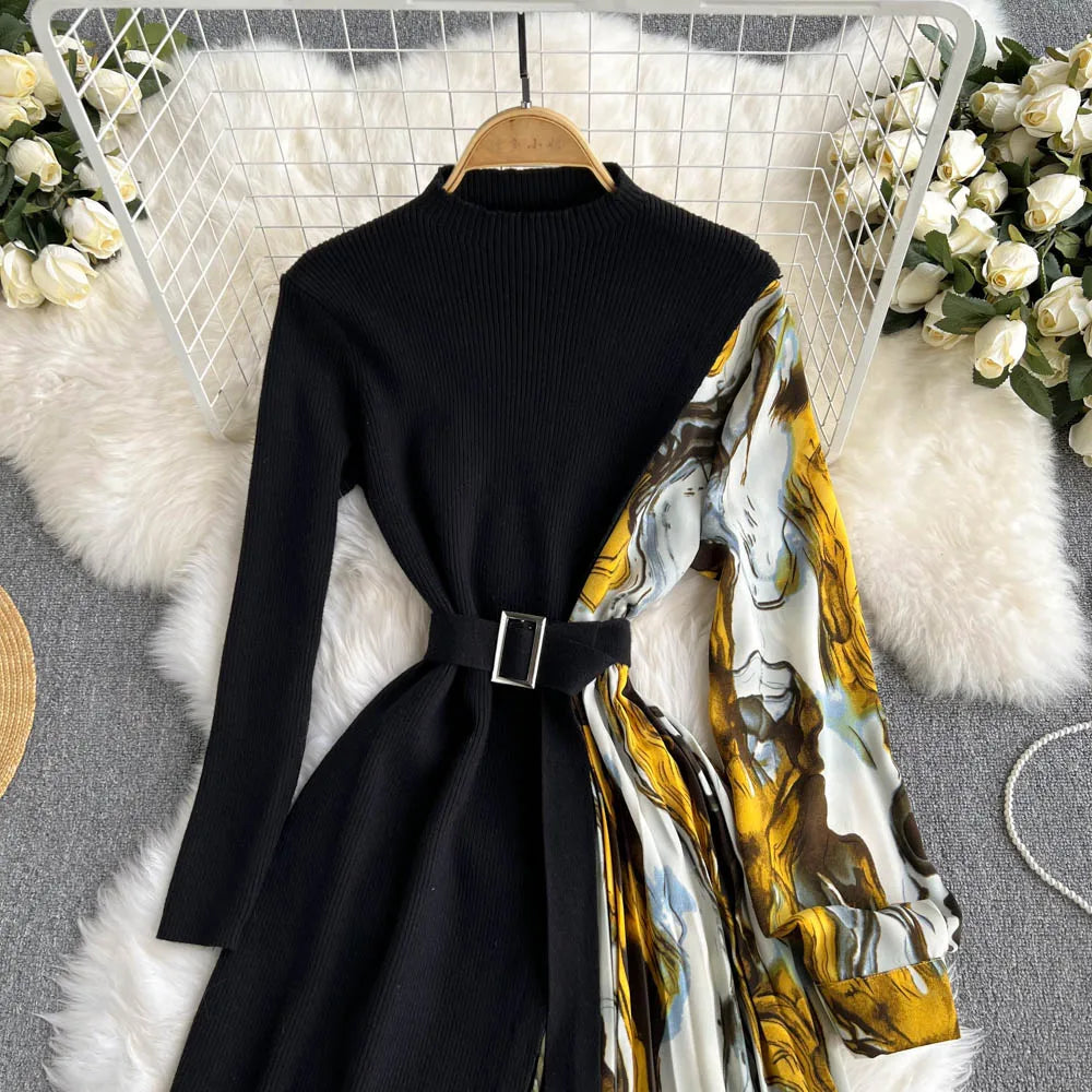 Elegant Chic Print Patchwork Knit Dress French Long Sleeve Party A-line Vestidos High Waist Basic Slim Women Autumn Winter Dress