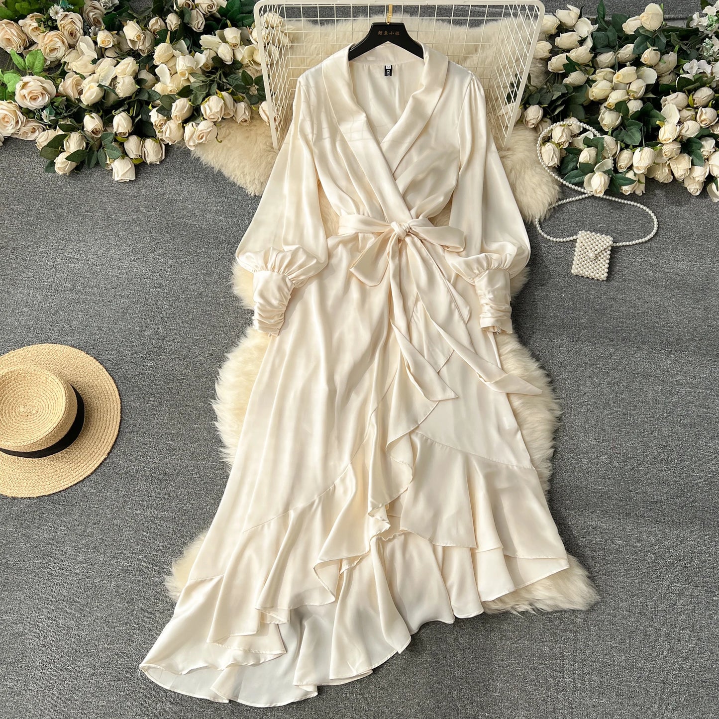 Women Elegant Satin Dress Summer Bandage High Waisted Ruffled Irregular Blazer Dresses Ladies A-line Vintage Party Long Robe