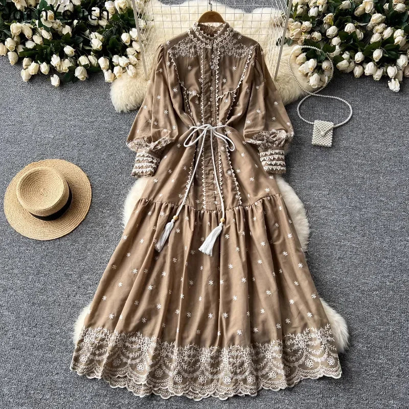 Vintage Embroidery Stand Collar Dresses for Women 2024 Summer New Robe Femme Heavy Elegant Lantern Sleeve Chic Vestido Feminino