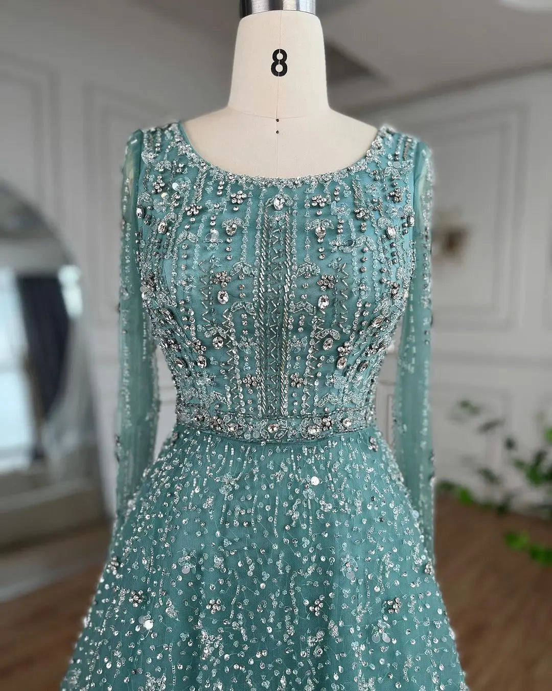 SERENE HILL Dubai Arabic Nude Designer Luxury Beaded Evening Dresses 2024 Long Sleeves Gowns For Women Wedding Party GLA72088