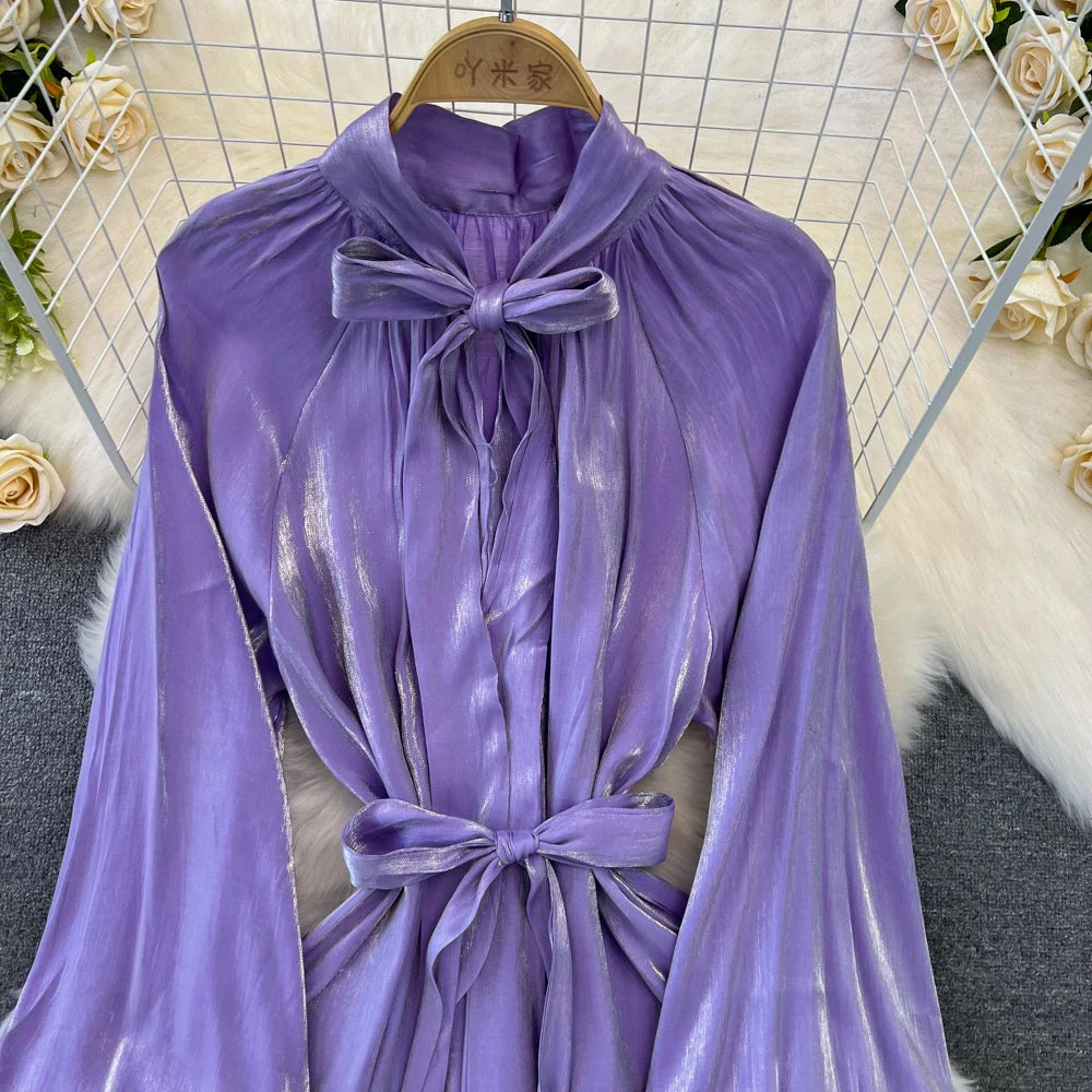 Autumn Elegant Women Fashion Party Long Dress Bow Lace Up Long Sleeve Evening Dresses A-Line Casual Vestidos One Piece Prom Robe