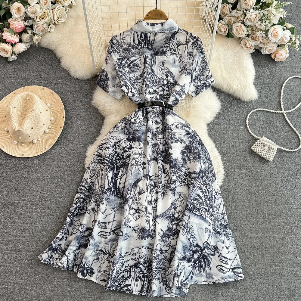 Summer Retro Shirt Dress Women Short Sleeved Lapel Single Breasted A-line Print Long Dresses Ladies Elegant Party Long Robe