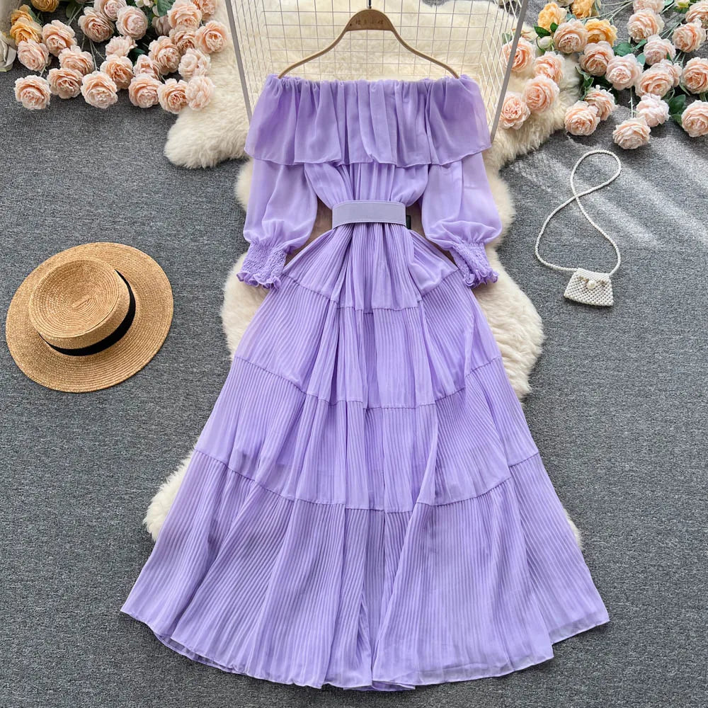 Vintage Pleated Slash Neck Off Shoulder High Waist  Dress Long Sleeve  Dress Chic Summer Beach Vestidos Women Vacation Sundress