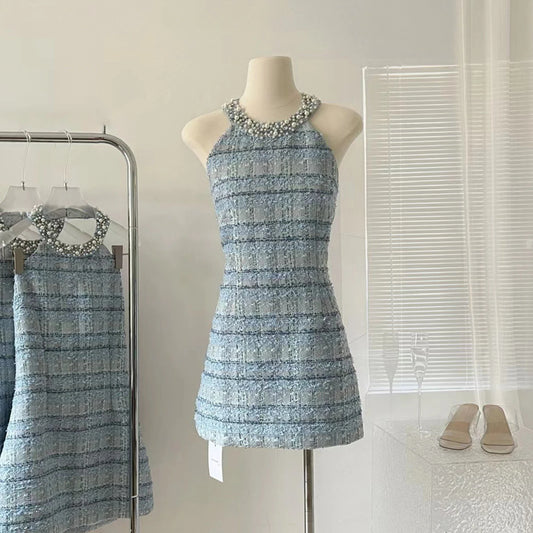 Trendy Small Fragrance Tweed Mini Dress Pearl Decoration Halter Sleeveless Dress Elegant Slim Fit Waist Dresses 2024 Summer New