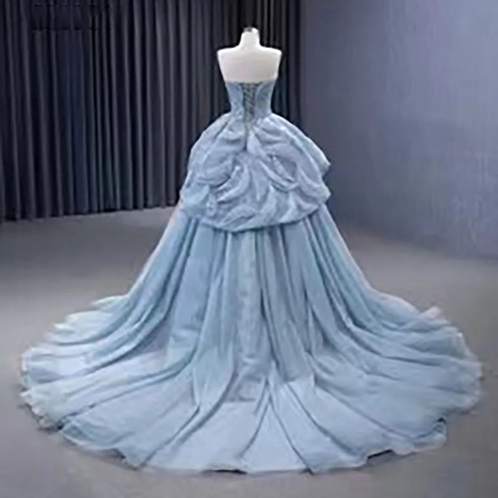 Serene Hill High End Custom Made Gray Blue Strapless Lace Up Beaded Luxury Ball Gown Bride Gowns Wedding Dress HM231064